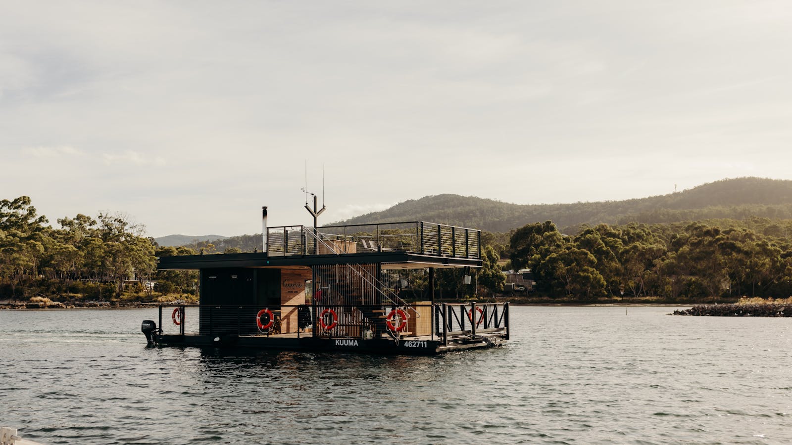 Kuuma Sauna Pontoon Boat, Southern Tasmania