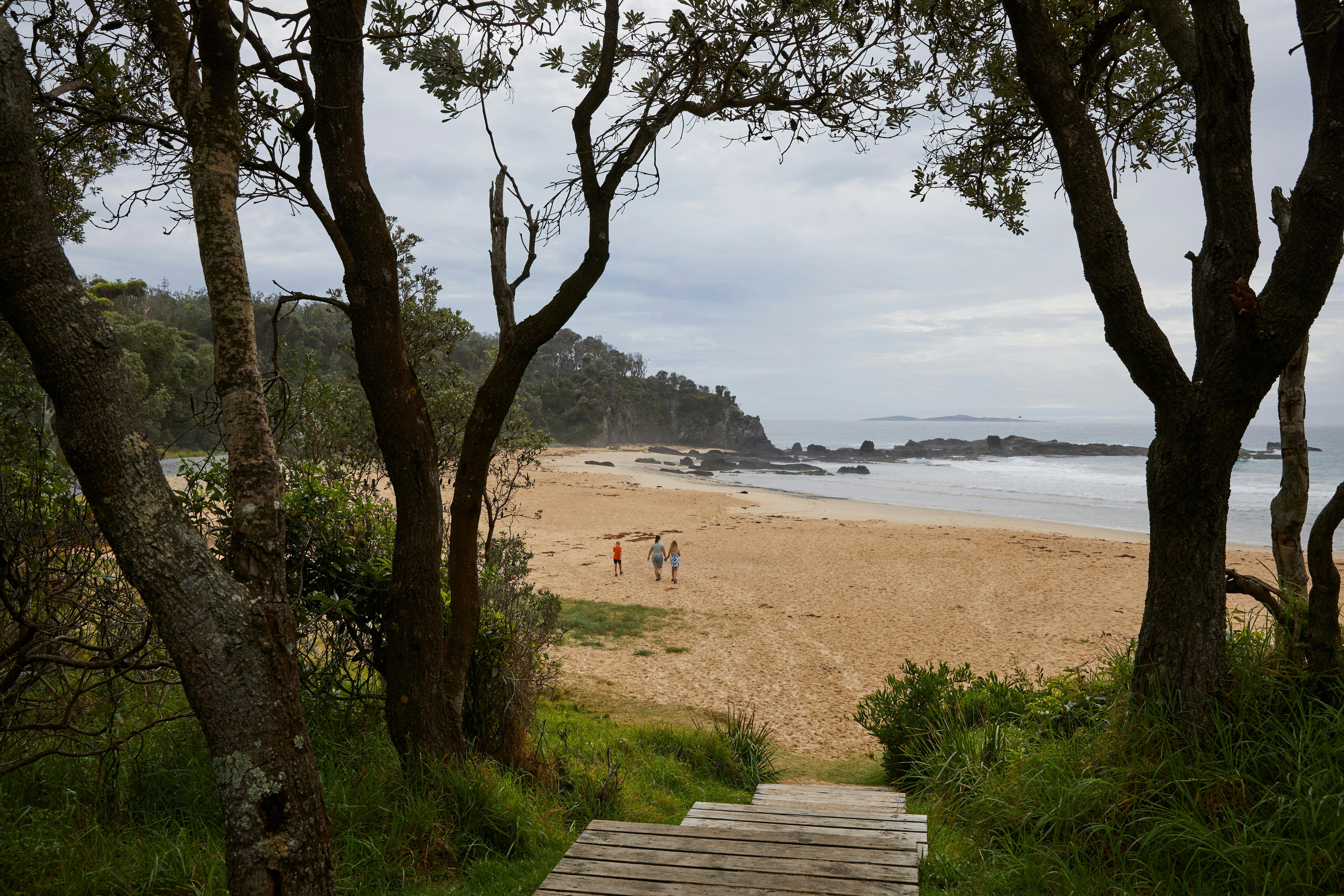 Billys beach is seen through the trees and down steps