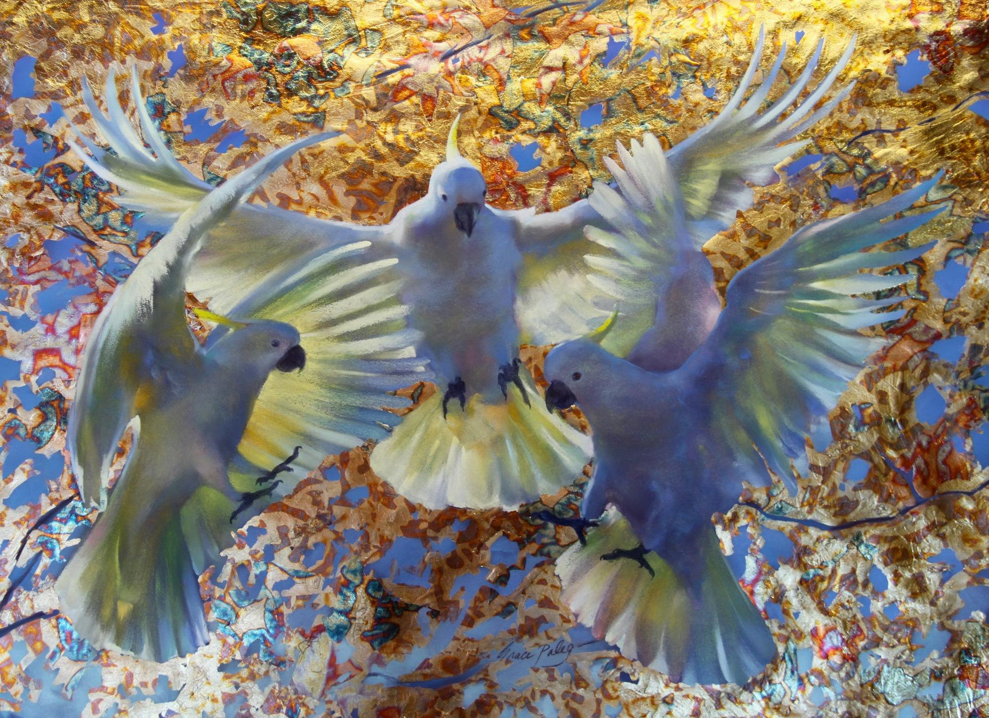 Claude Claudette and Clueless pastel on paper 3 cockatoos flying