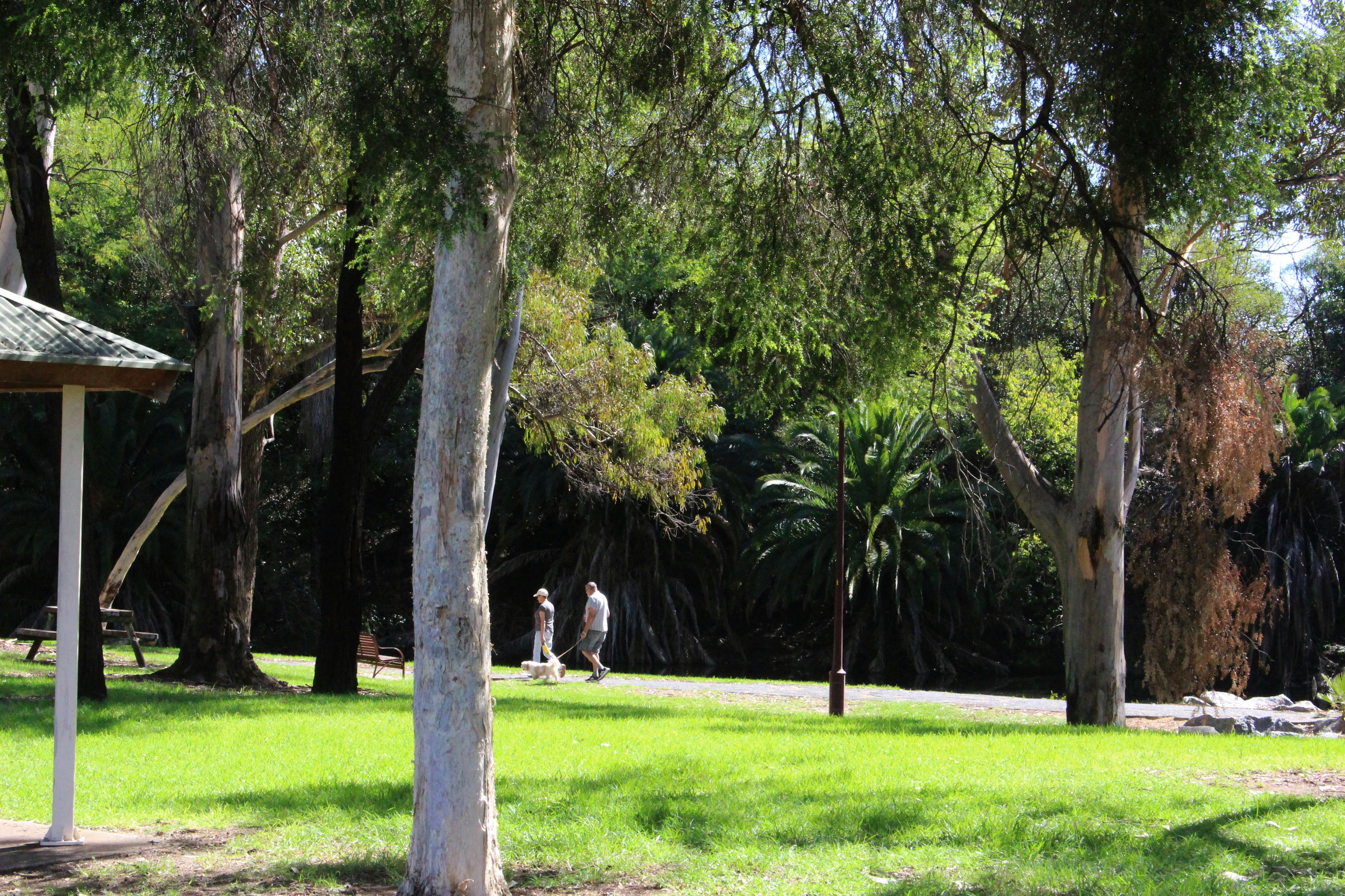 People walking their dog at Arboretum Park