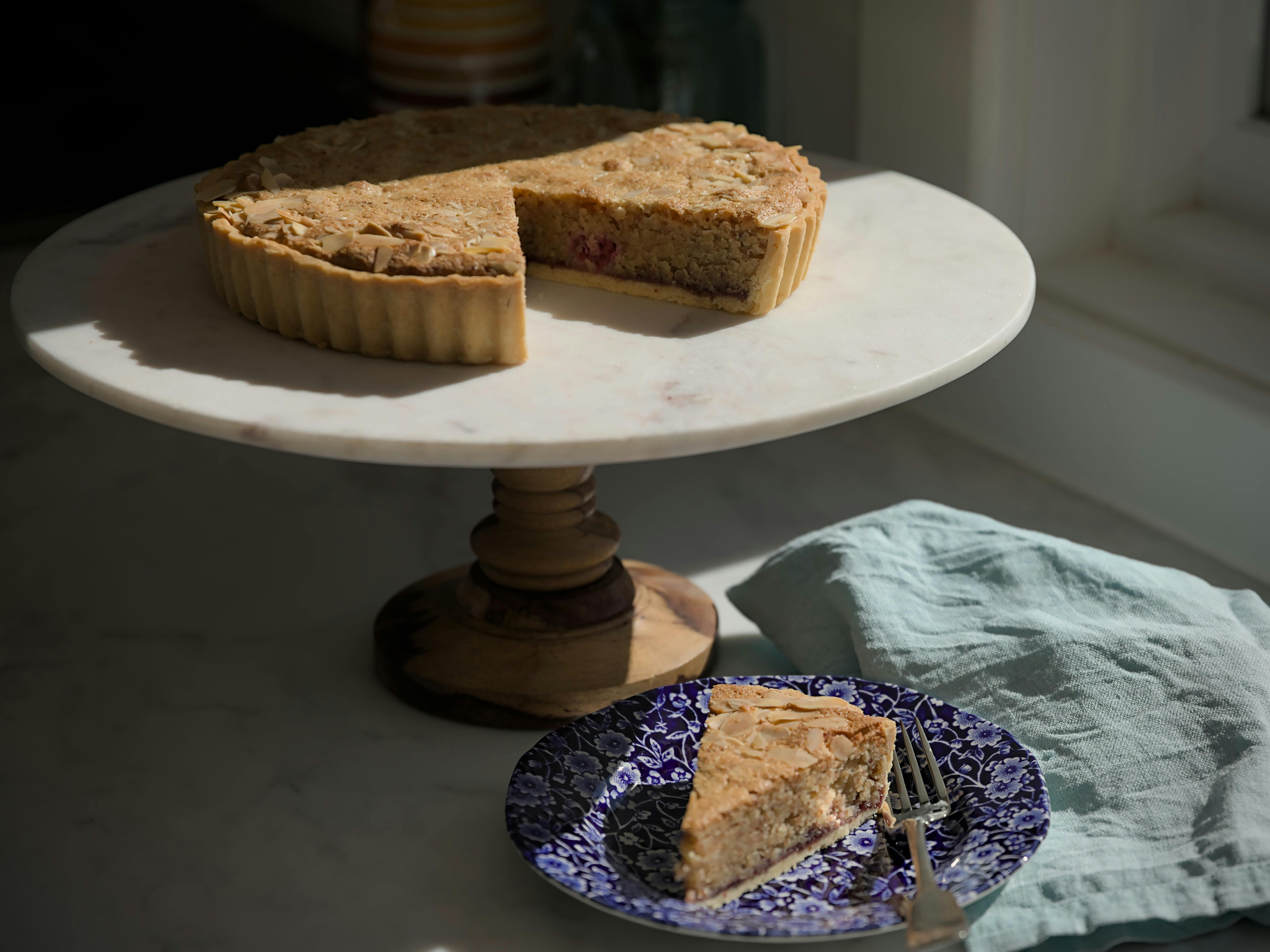 Sliced frangipane tart served at Florian Cottage cooking school, Tasmania.