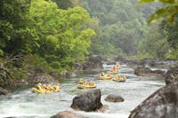 Scenic Shot of multiple rafts going down the Tully river in Tropical North Queensland