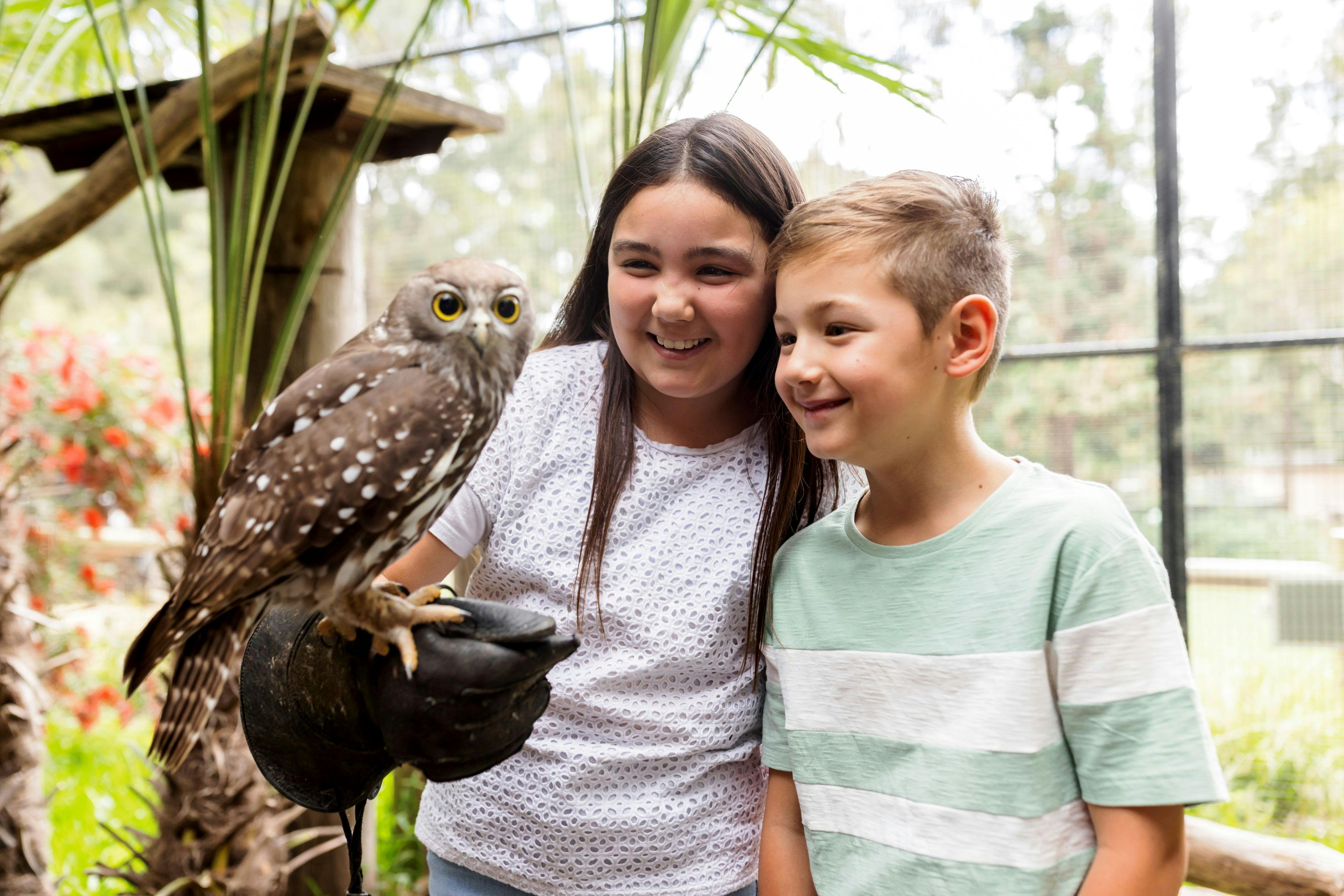 2 Children meeting and handling a barking owl during an encounter at the National Zoo and Aquarium