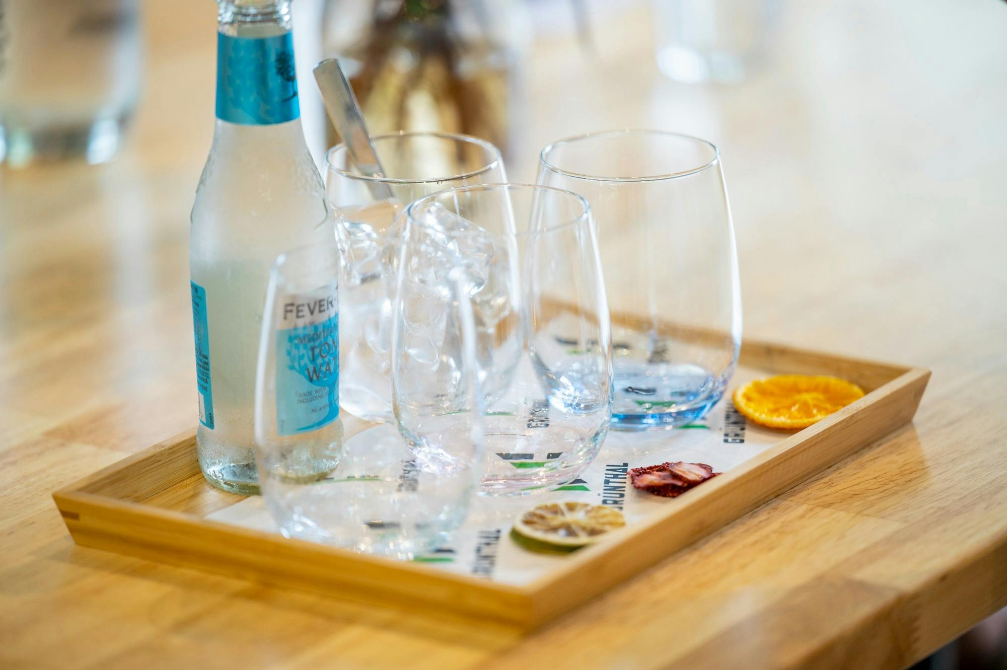 Three tasters of Grunthal Gin and Tonic on a table