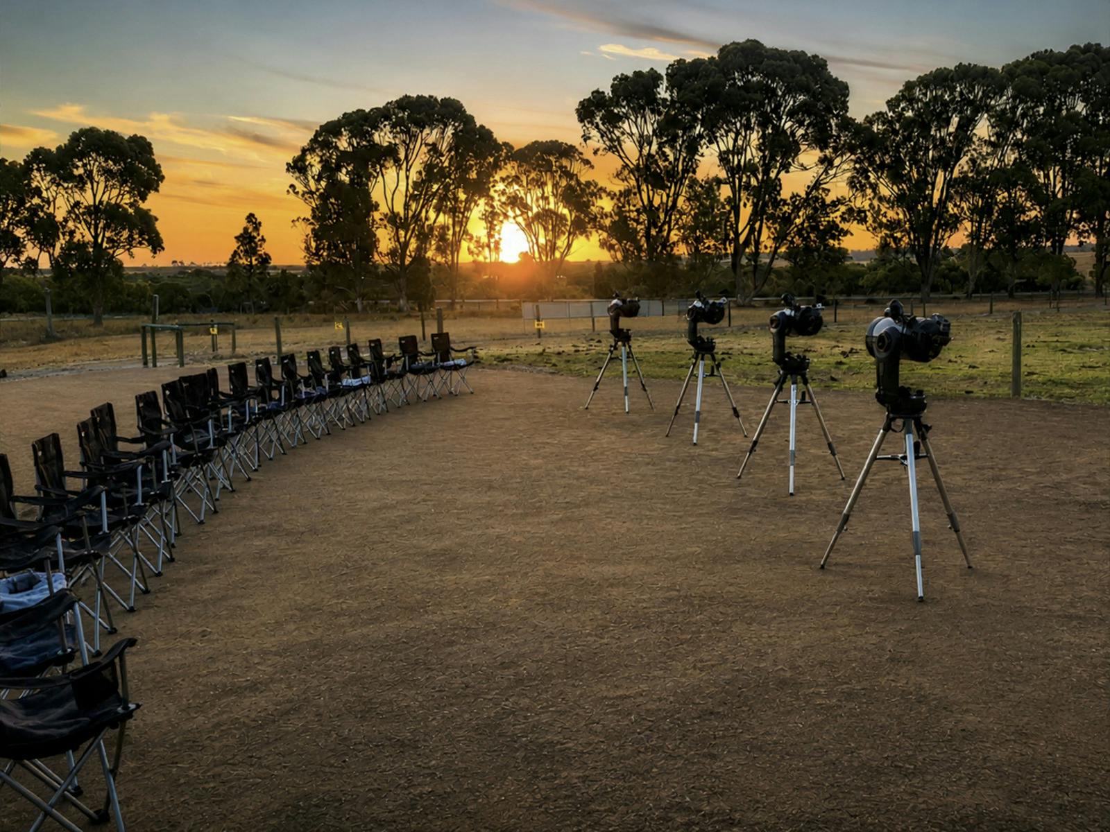 Ningaloo Stars telescopes and guest seating set up at sunset for an astronomy session in Esperance.