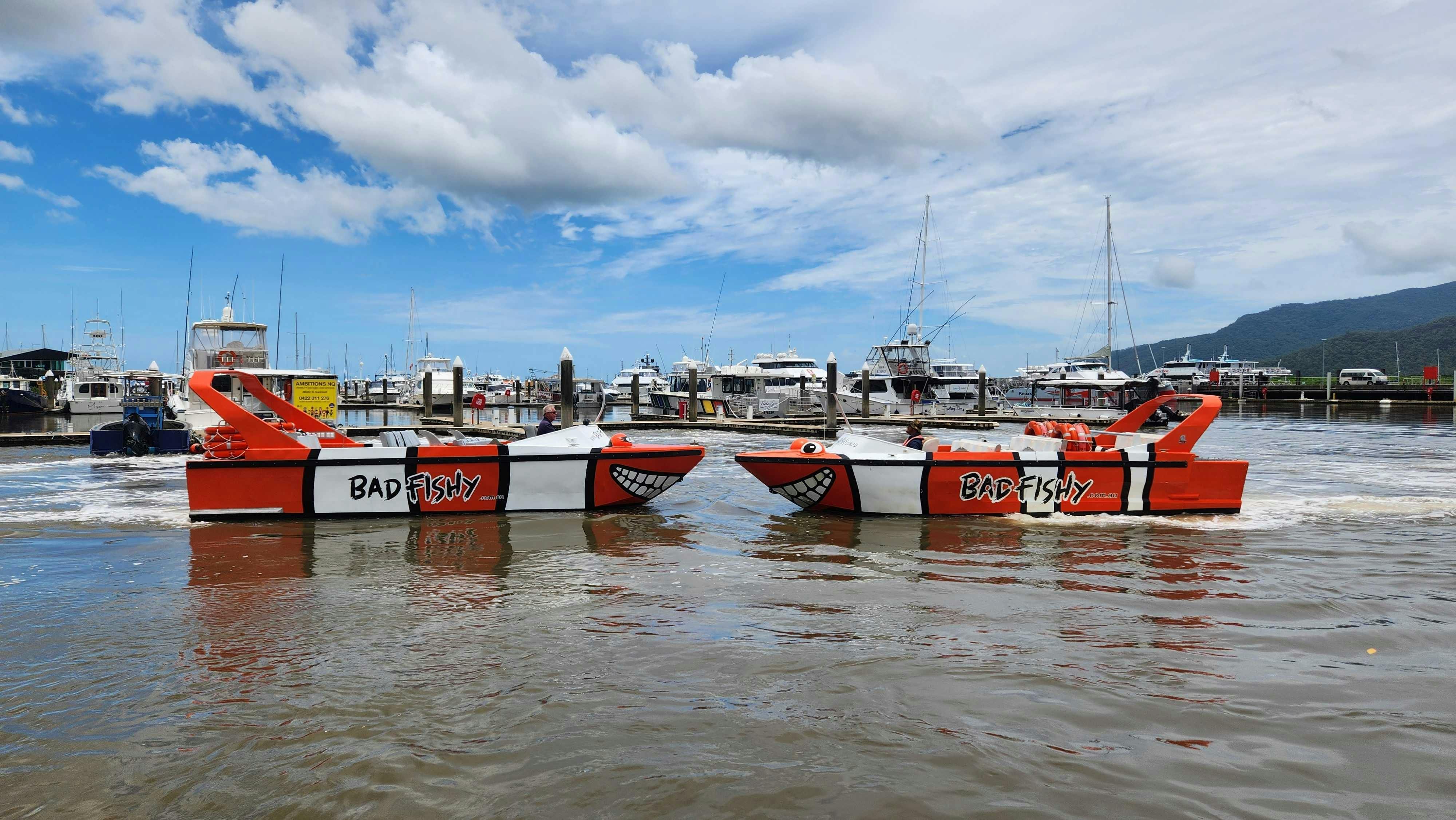 Bad Fishy Boat's Screamer and Screamo parked nose to nose in the Marlin Marina in Cairns, Queensland