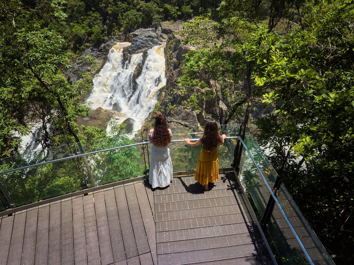 Two ladies facing away from the camera looking at the view in front of them of the barron falls