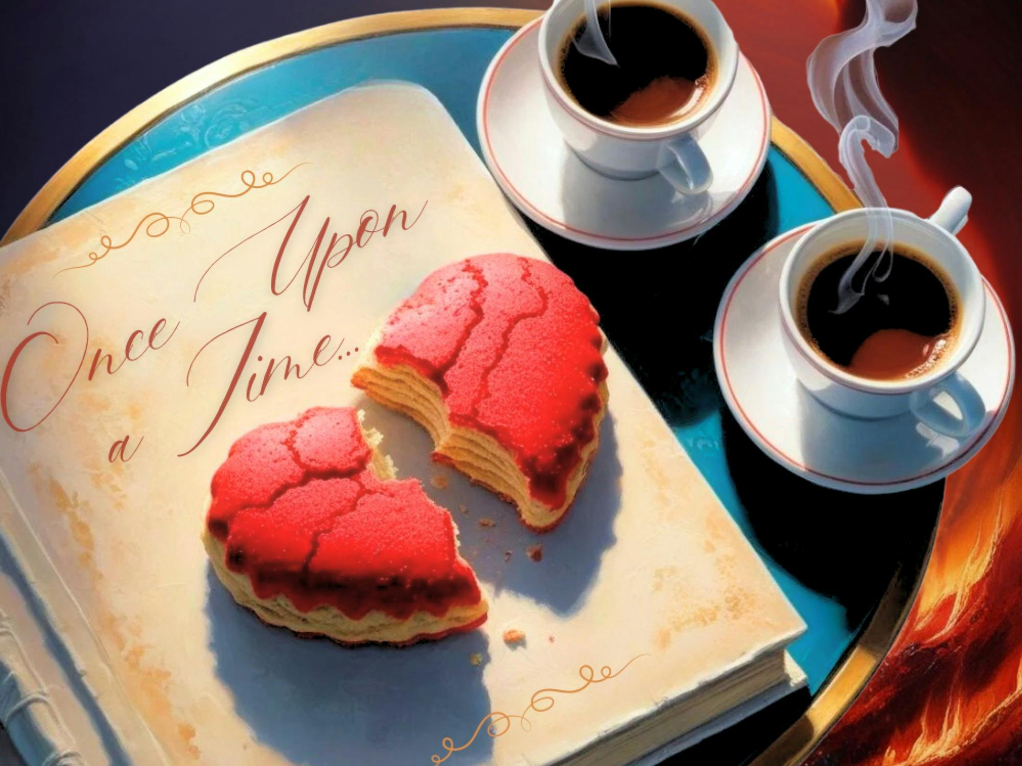 A play poster for Once Upon a Time with a storybook, a heart shaped biscuit and two cups of coffee