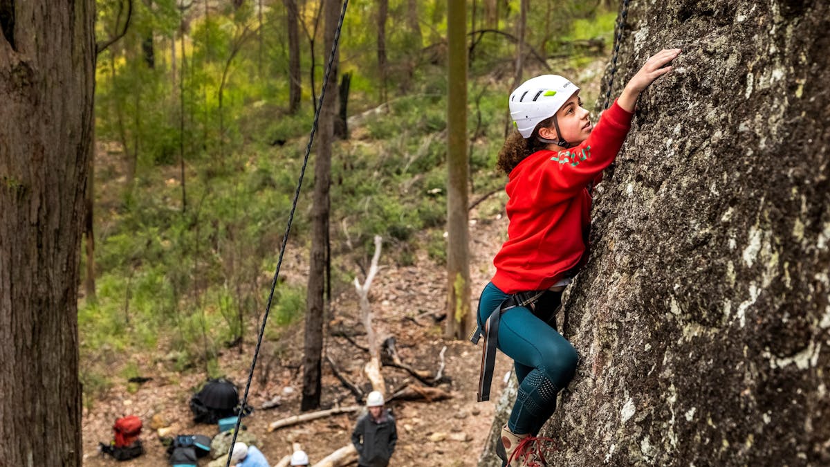 Climber at the Mt Barney Lodge beginner's rock climbing site.