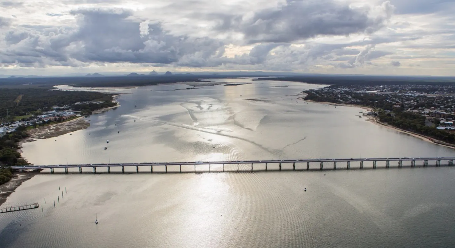 Drone image of Bribie Island bridge crossing Pumicestone Passage