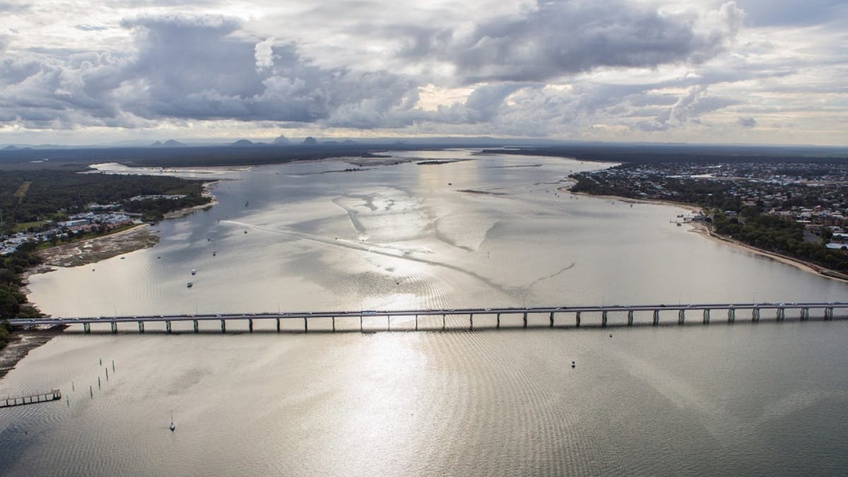 Drone image of Bribie Island bridge crossing Pumicestone Passage