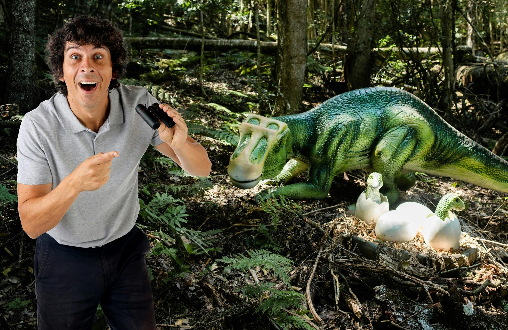 Andy Day with dinosaur and babies