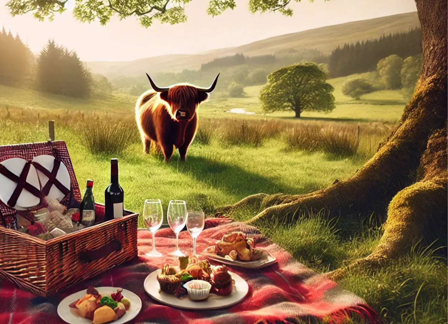 Romantic picnic overlooking a beautiful farm with highland cow