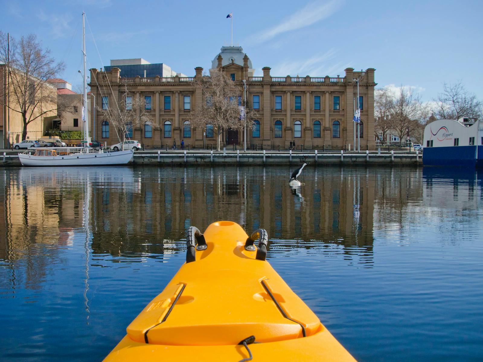 Kayaking floaring on water looking towards heritage buidling on the Hobart Waterfront