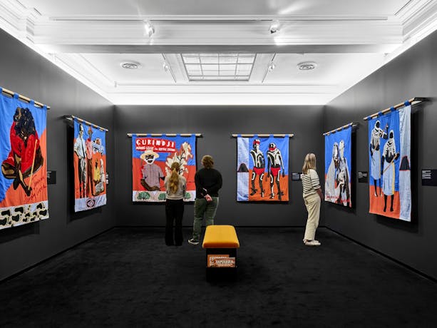 The Gurindji Freedom banners hung up in a gallery.
