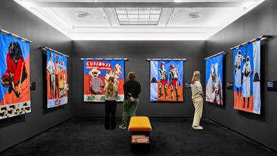 The Gurindji Freedom banners hung up in a gallery.
