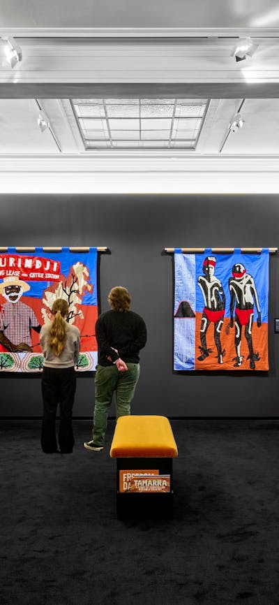 The Gurindji Freedom banners hung up in a gallery.