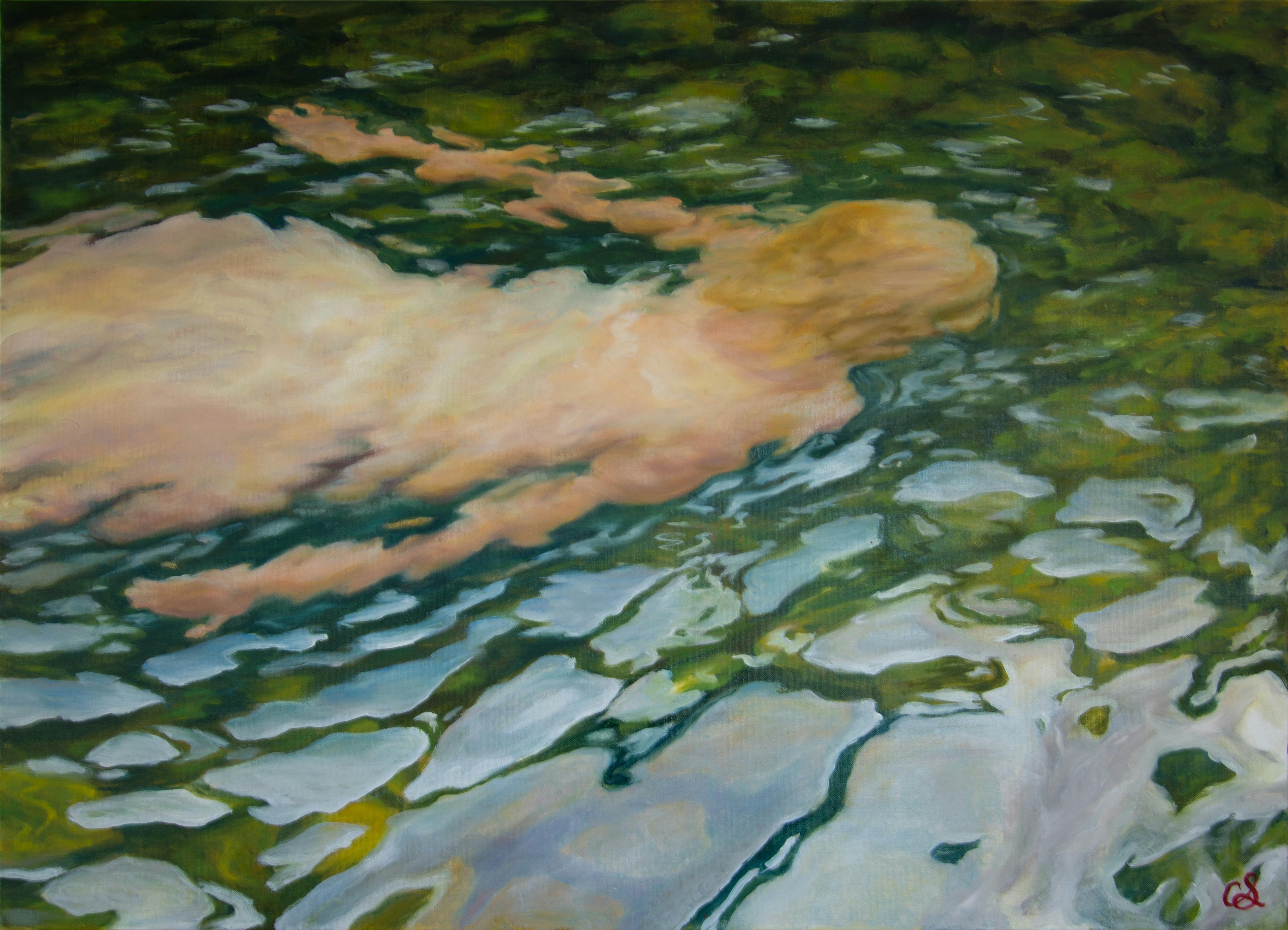 painting of swimmer in river with reflections