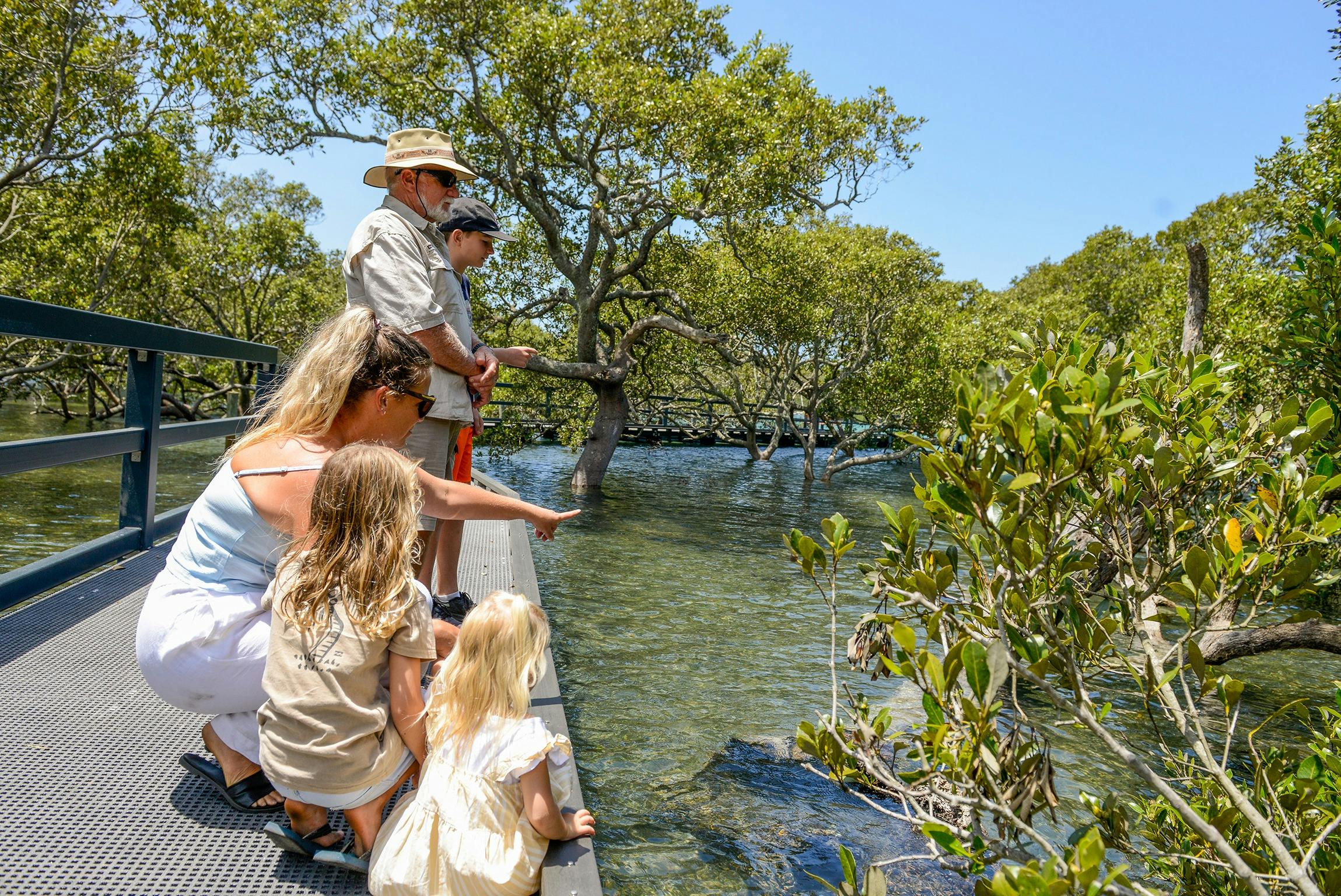 Family looking into water