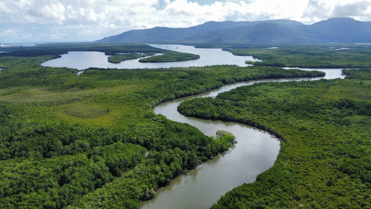 Aerial view of Trinity Inlet, showing calm waters where Gone Fishing Cairns operates. Aerial view of Trinity Inlet, showing calm waters where Gone Fishing Cairns operates.