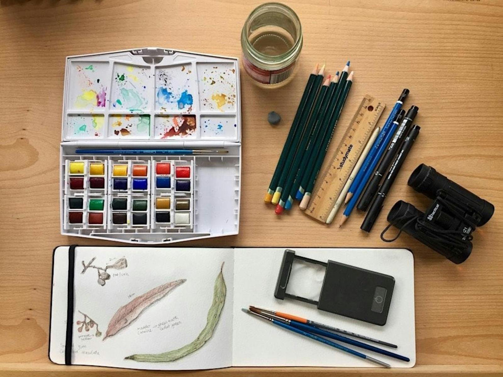 Art and drawing supplies on table during creative workshop