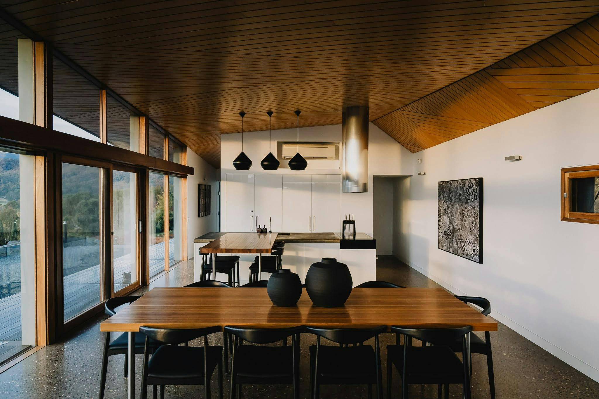 Open plan kitchen, dining, living.