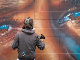 World famous street artist Adnate working on his collaboration with  local artist Vera Richards