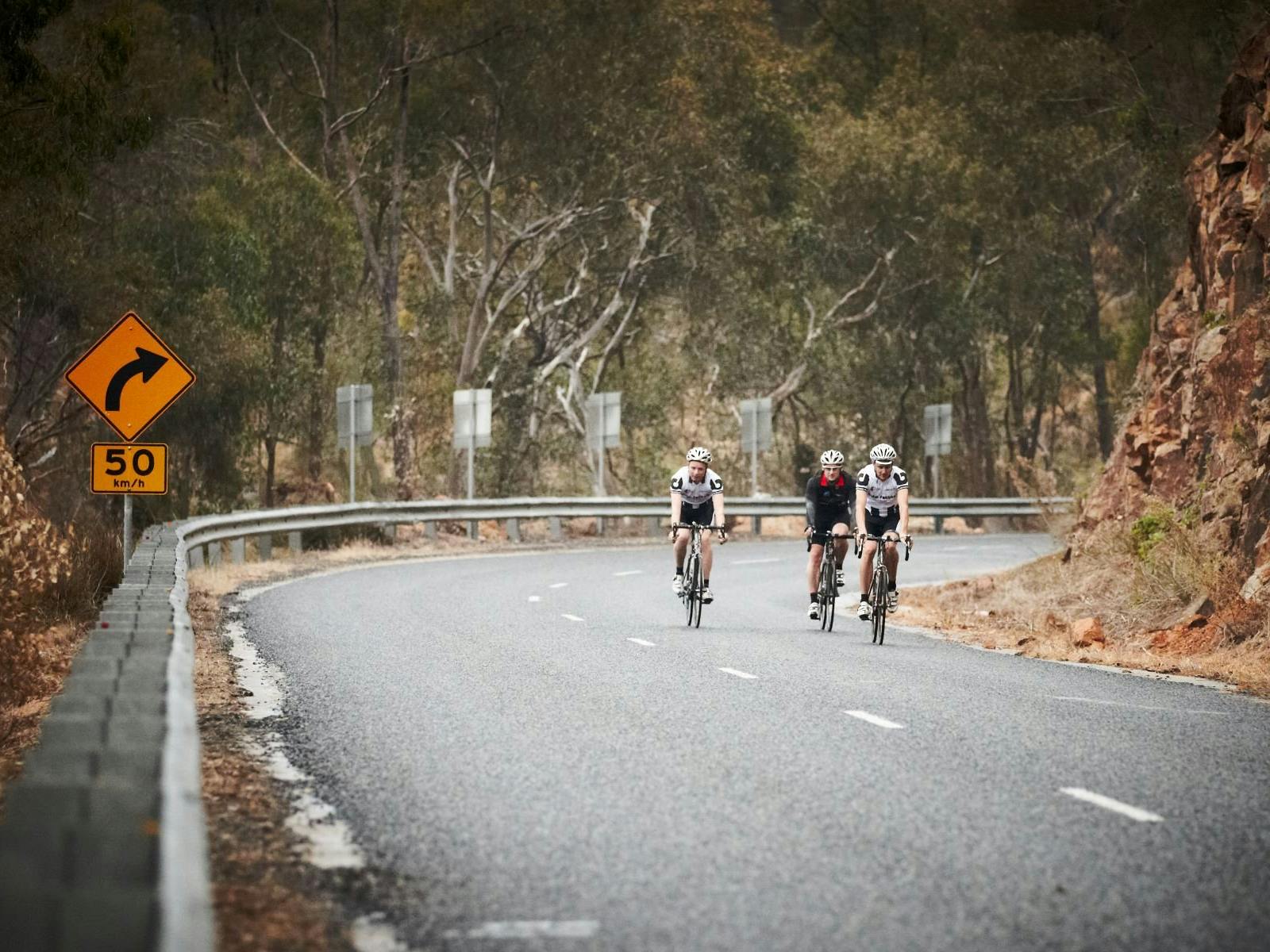 Cyclists road riding down a hill gum trees in background rocky cliff face on right hand side