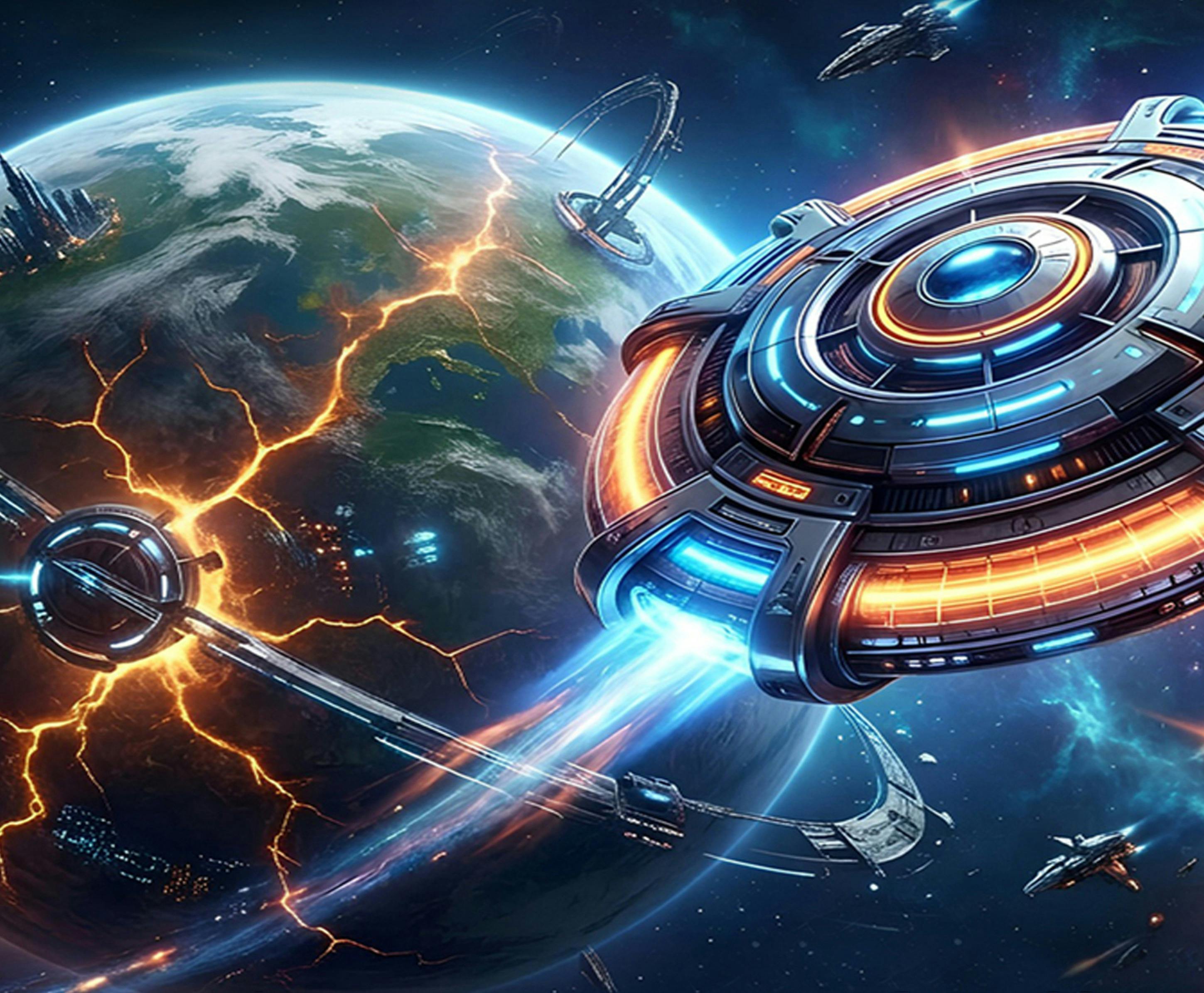 Sci-fi spacecraft approaching Earth as bright fissures spread across the planet.