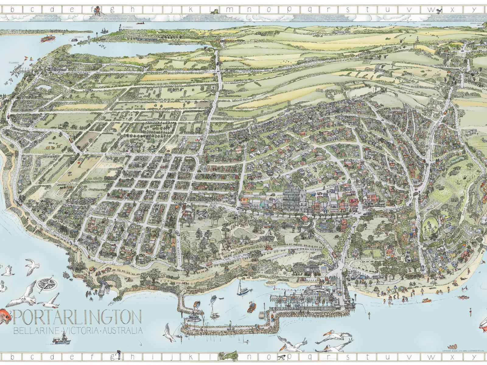A detailed hand-drawn illustration of the town of Portarlington and nearby Indented Head