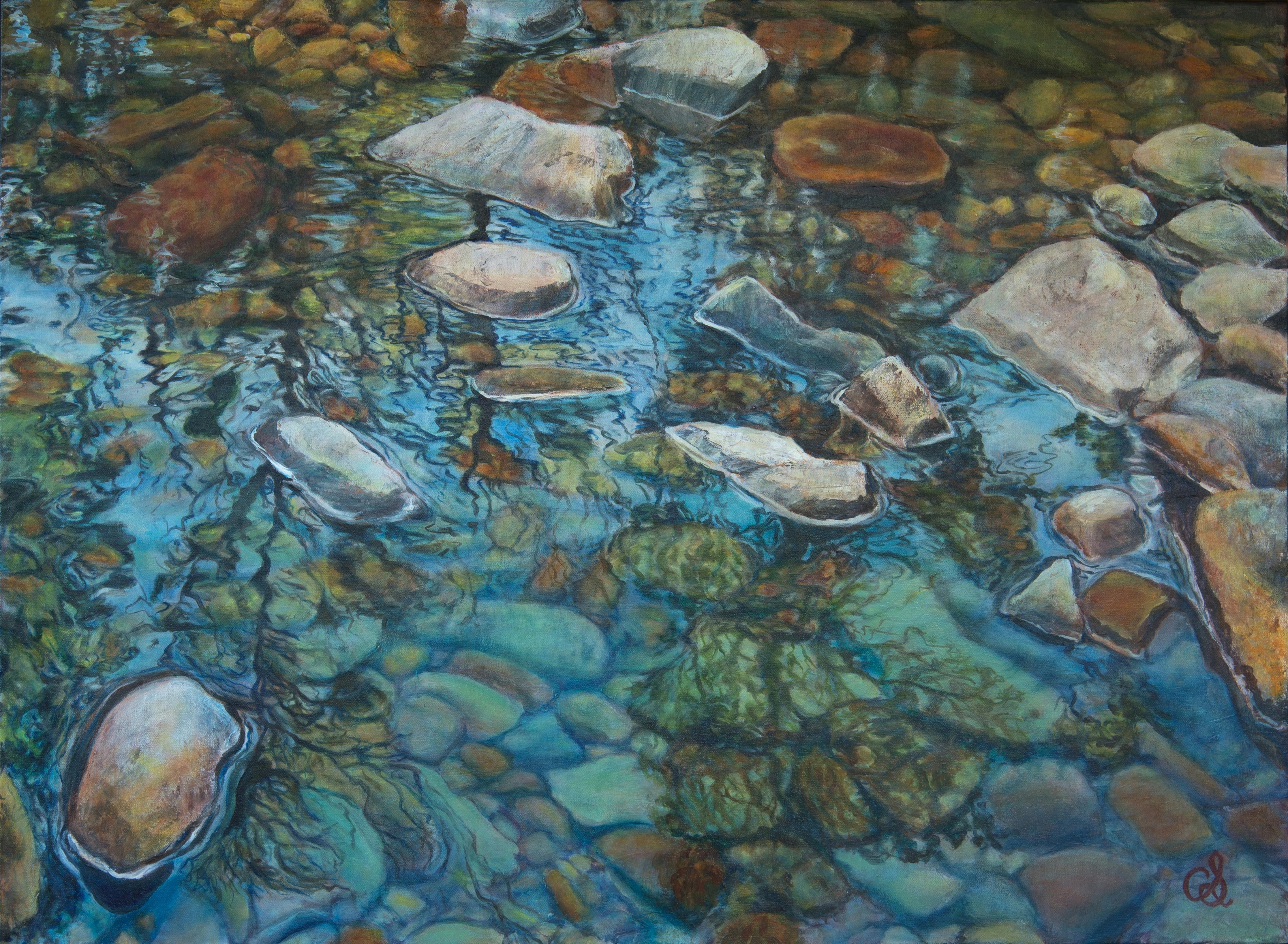 painting of reflections in shallow river