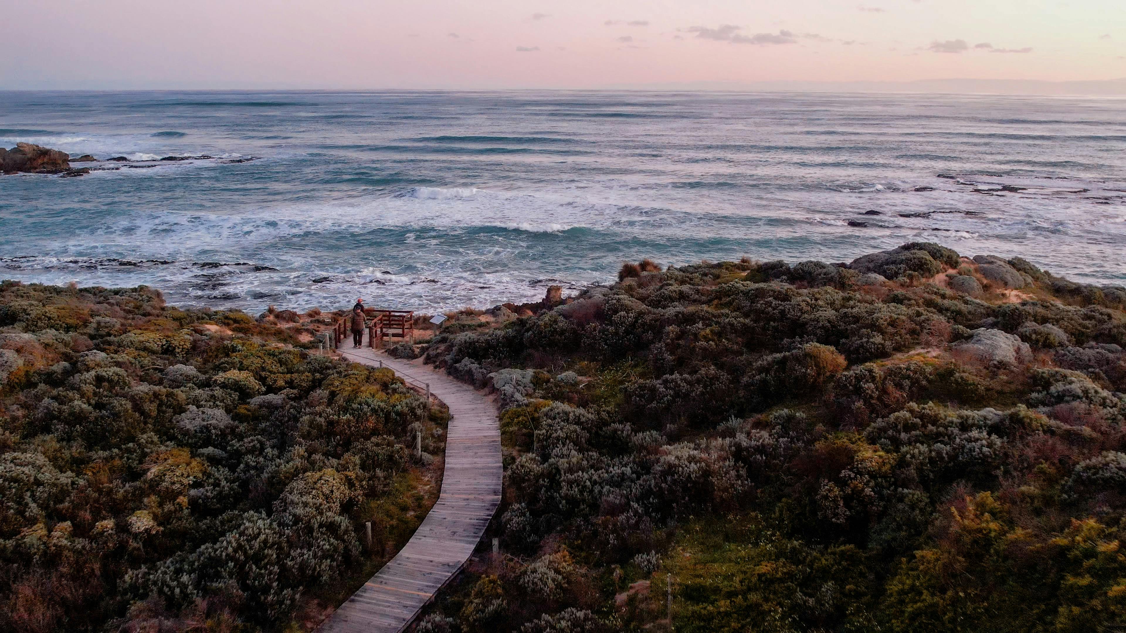 Timber deck path part of the 'Seaview Walking Trail, leading to a view point of the  ocean
