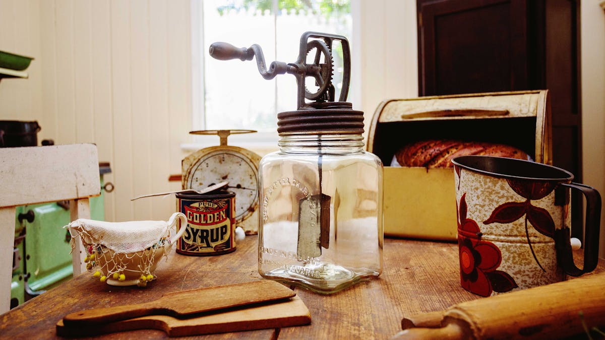 Old kitchen items on display as part of an exhibition