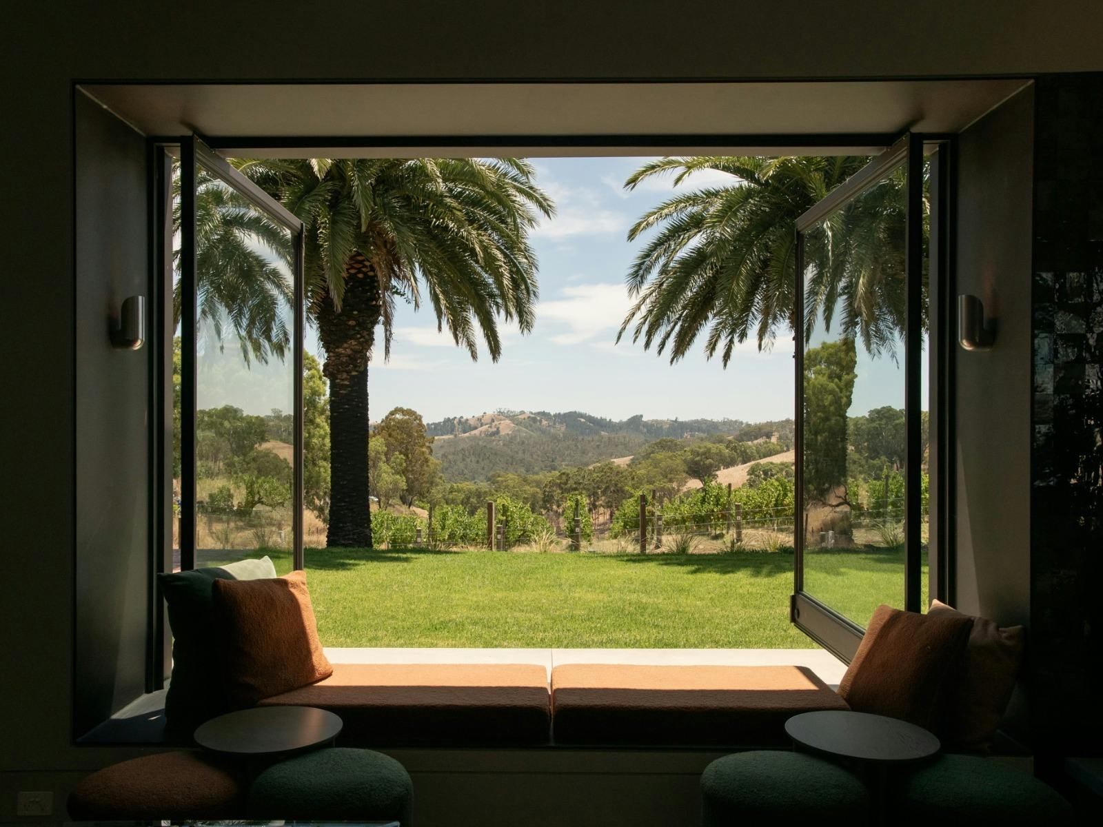 A window over the vines and the northern Adelaide Hills
