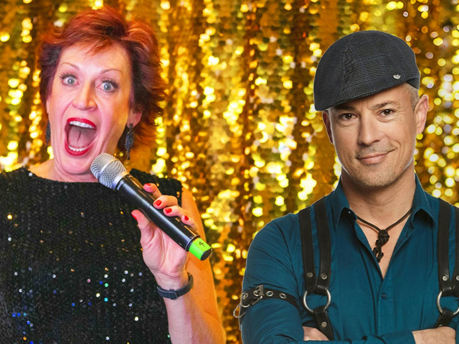A woman with short hair and a shocked expression holding a microphone, next to a man  in a beanie