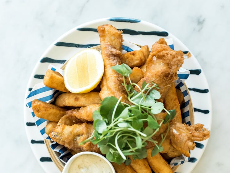 Beer Battered Fish + Chips at The Boathouse