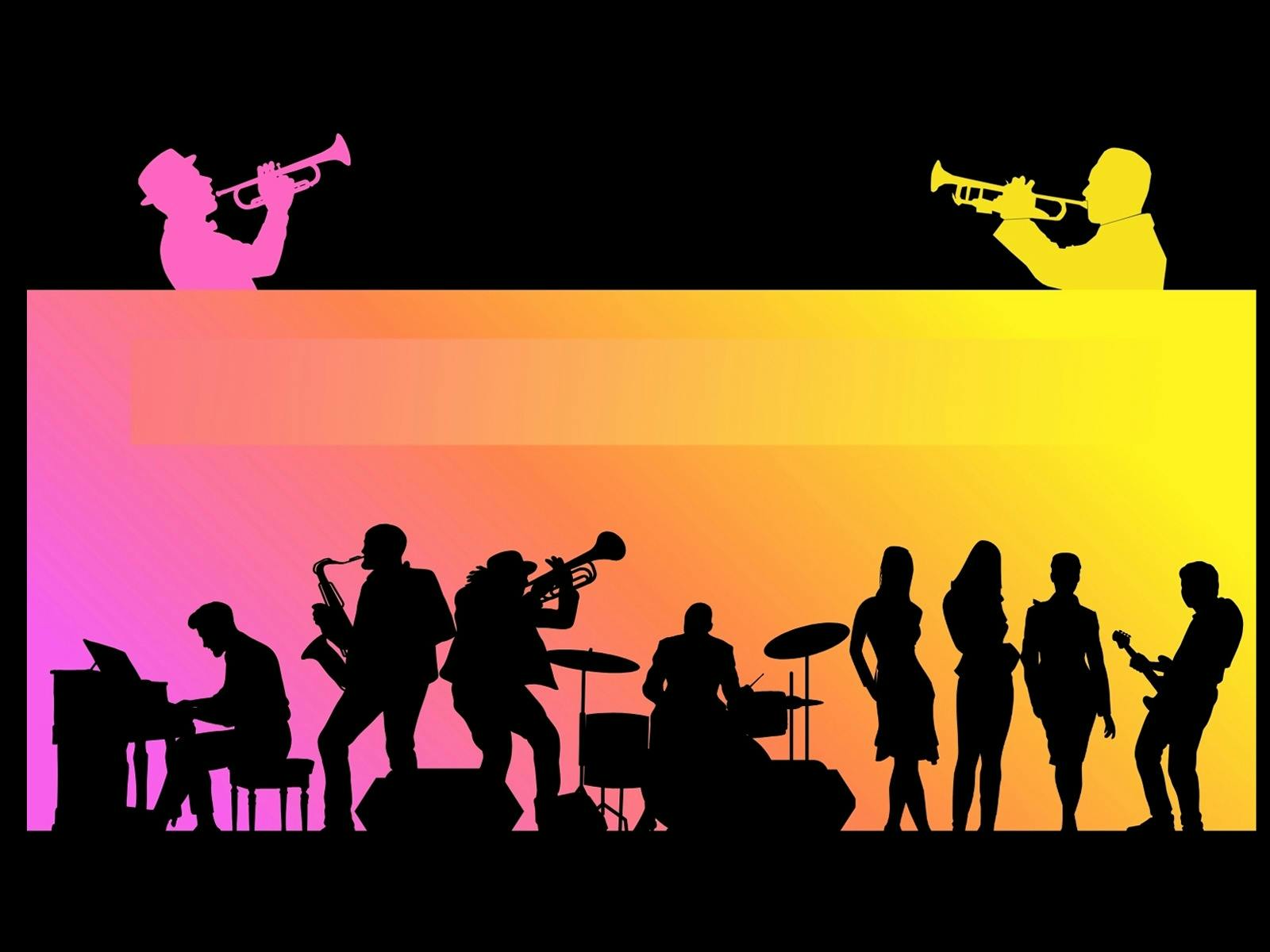 Silhouetted musicians and singers on a brightly coloured stage background