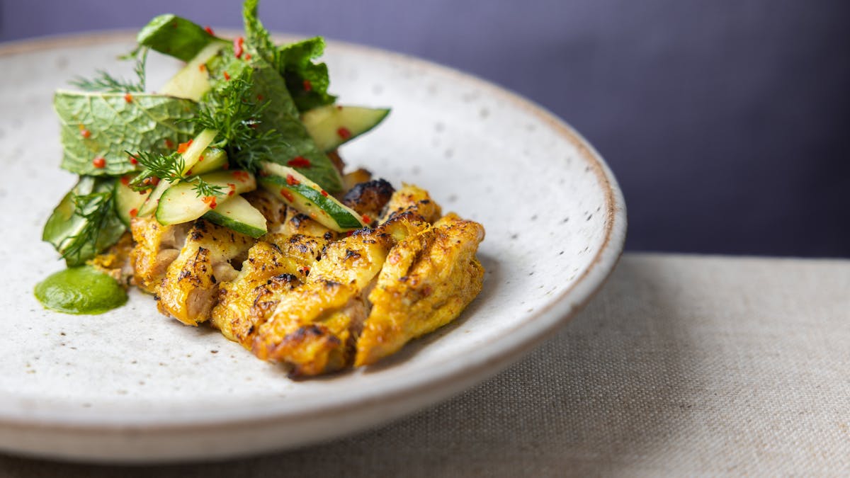 Lemongrass chicken, cucumber herb salad, Thai basil gazpacho