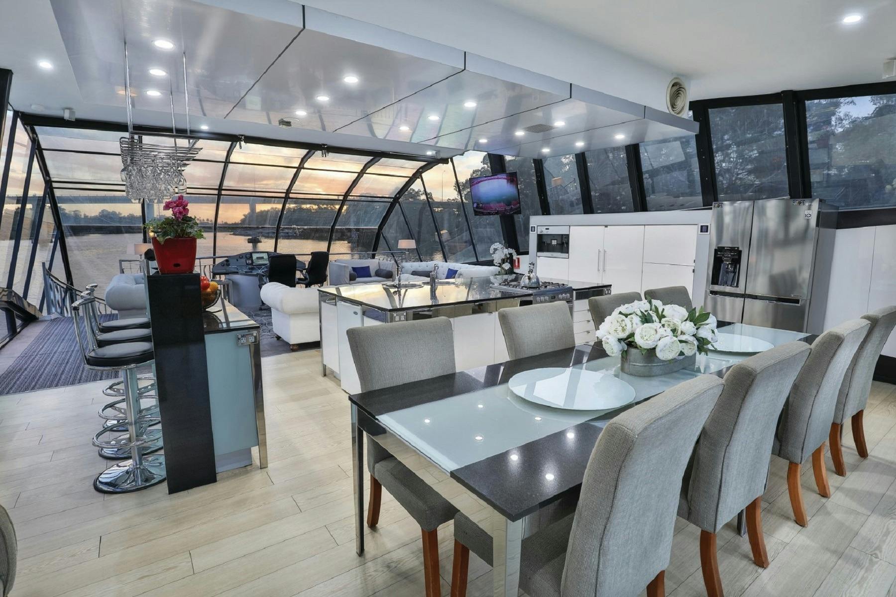 living and dining room inside a houseboat