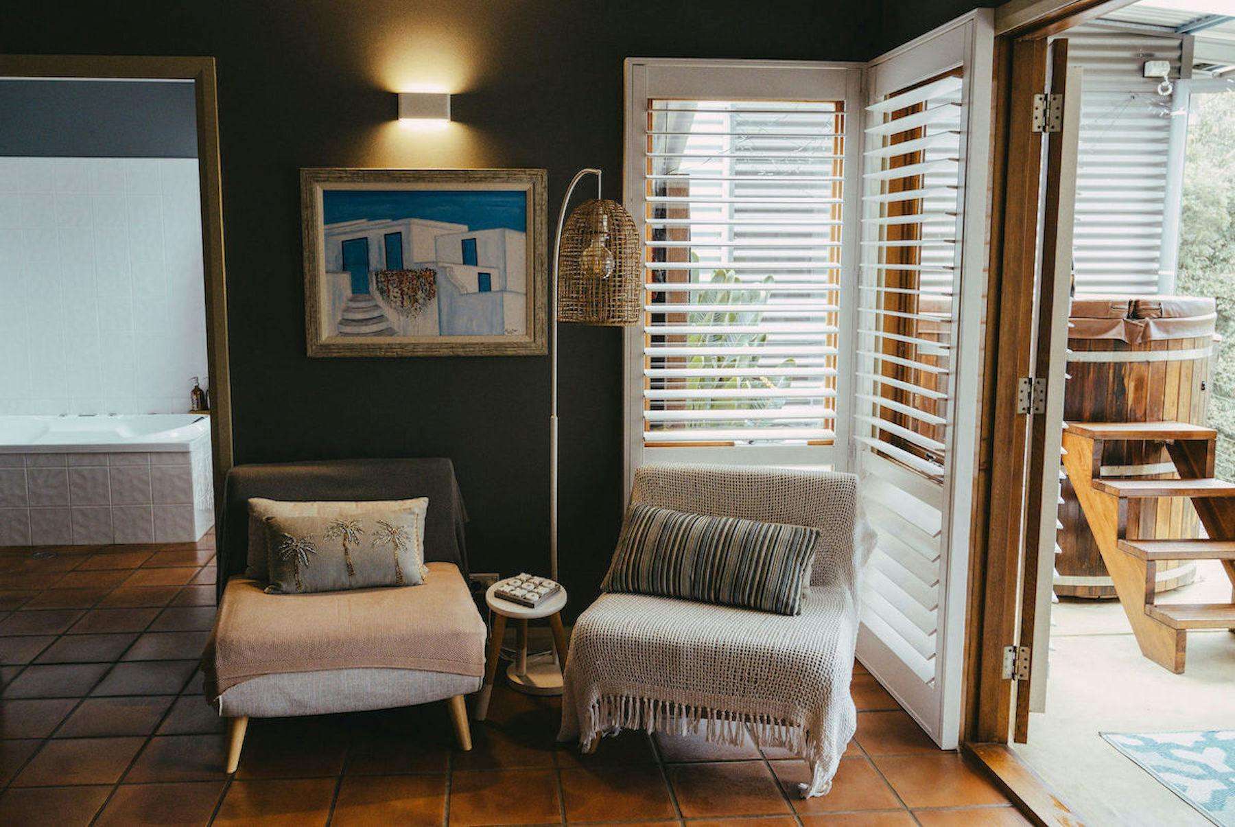 Cedar Cabin Interior with Bathroom, Sitting Area and Cedar Hot Tub