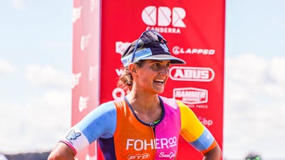 Local Professional athlete Penny Slater finishing Challenge Canberra 2023