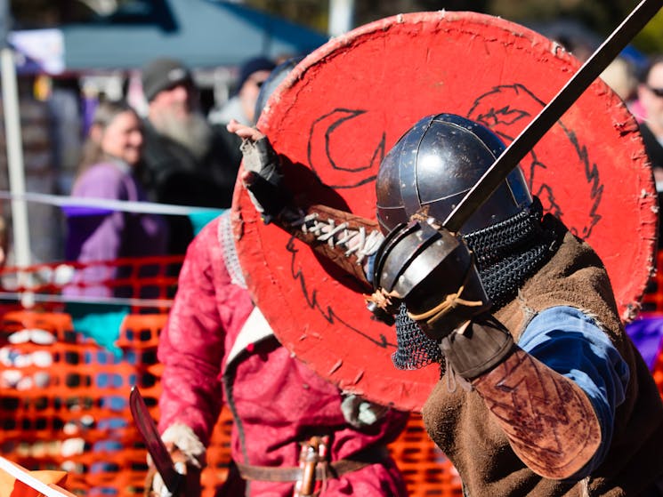 a man in Viking costume strikes a round red shield with his sword