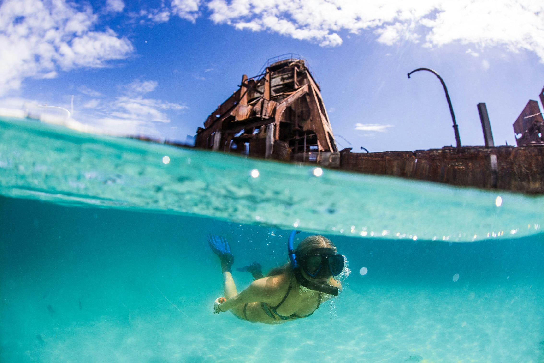 Women snorkelling at the Tangalooma Wrecks. Image shows half under water and half above