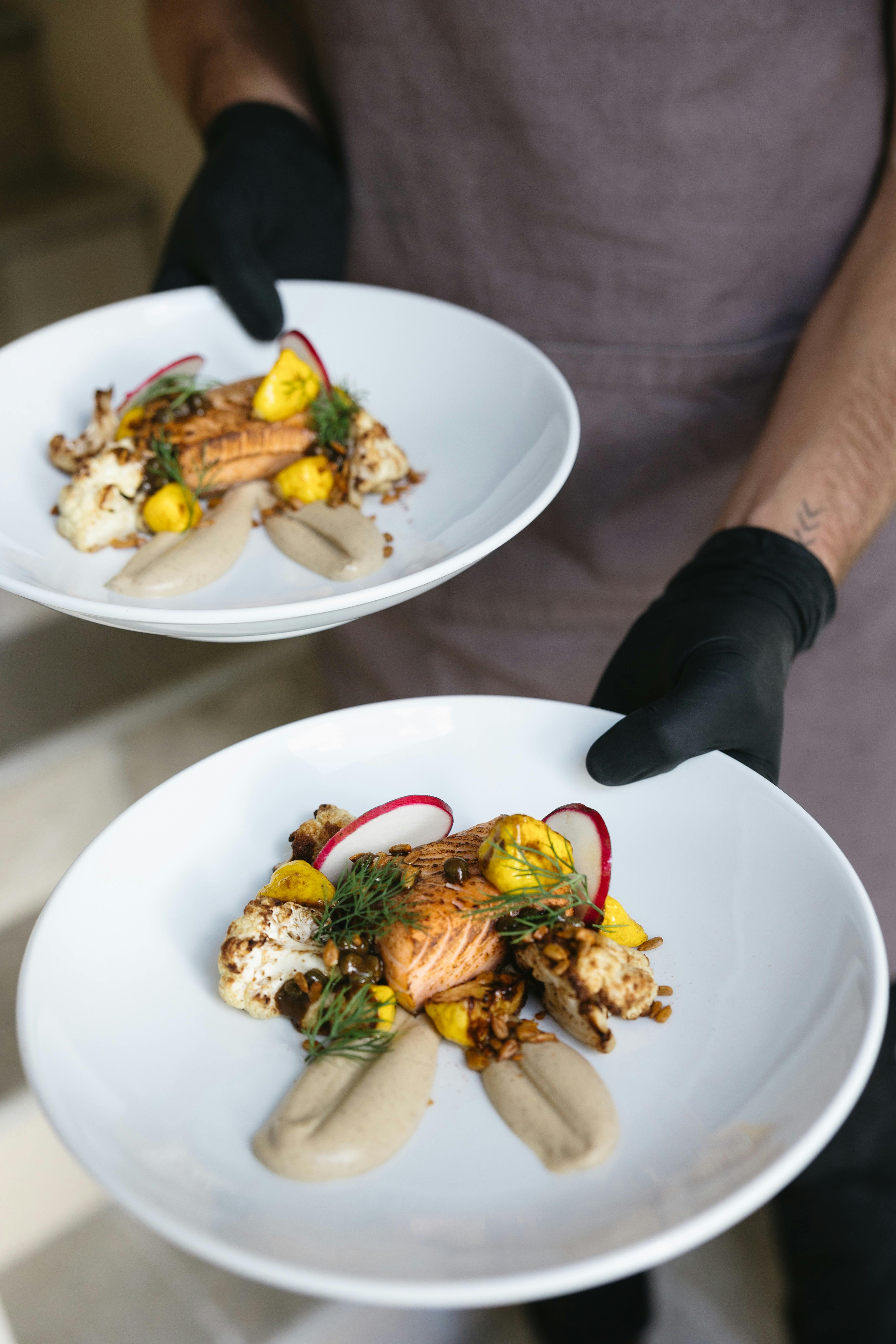 Torched Salmon, caramelised cauliflower, puree, yellow squash, truffle capers, dukkah & dill