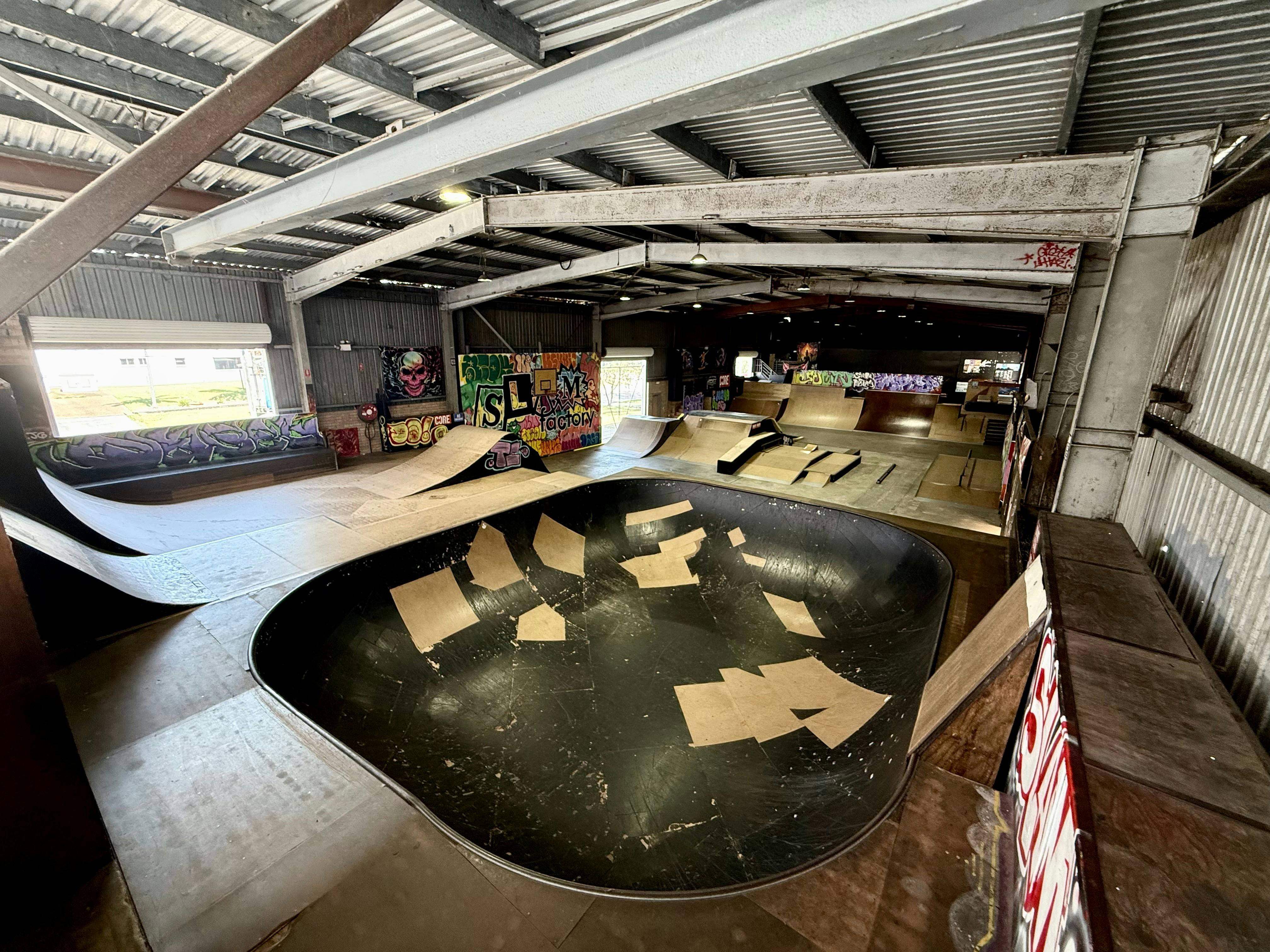 Bowl and ramp layout inside Slam Factory Indoor Skatepark in Tuggerah.