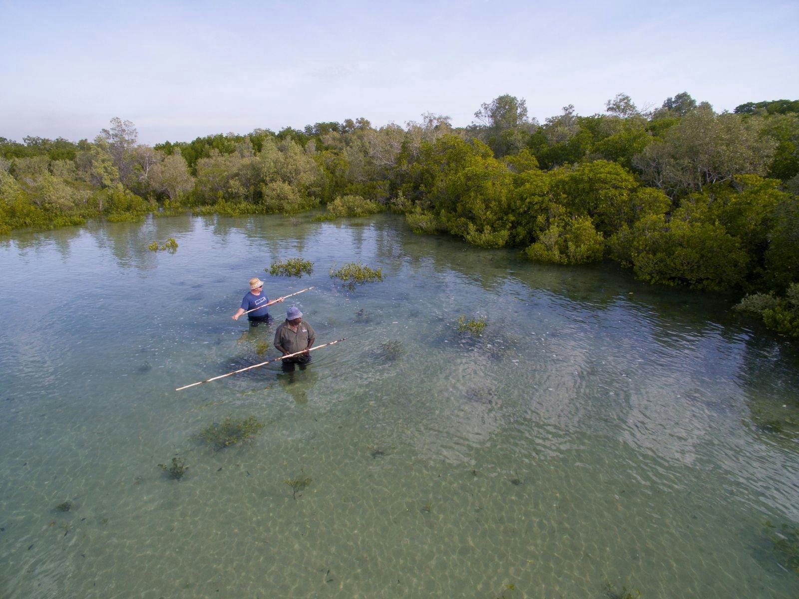 Bundy and tourist walking through water with fishing spears.