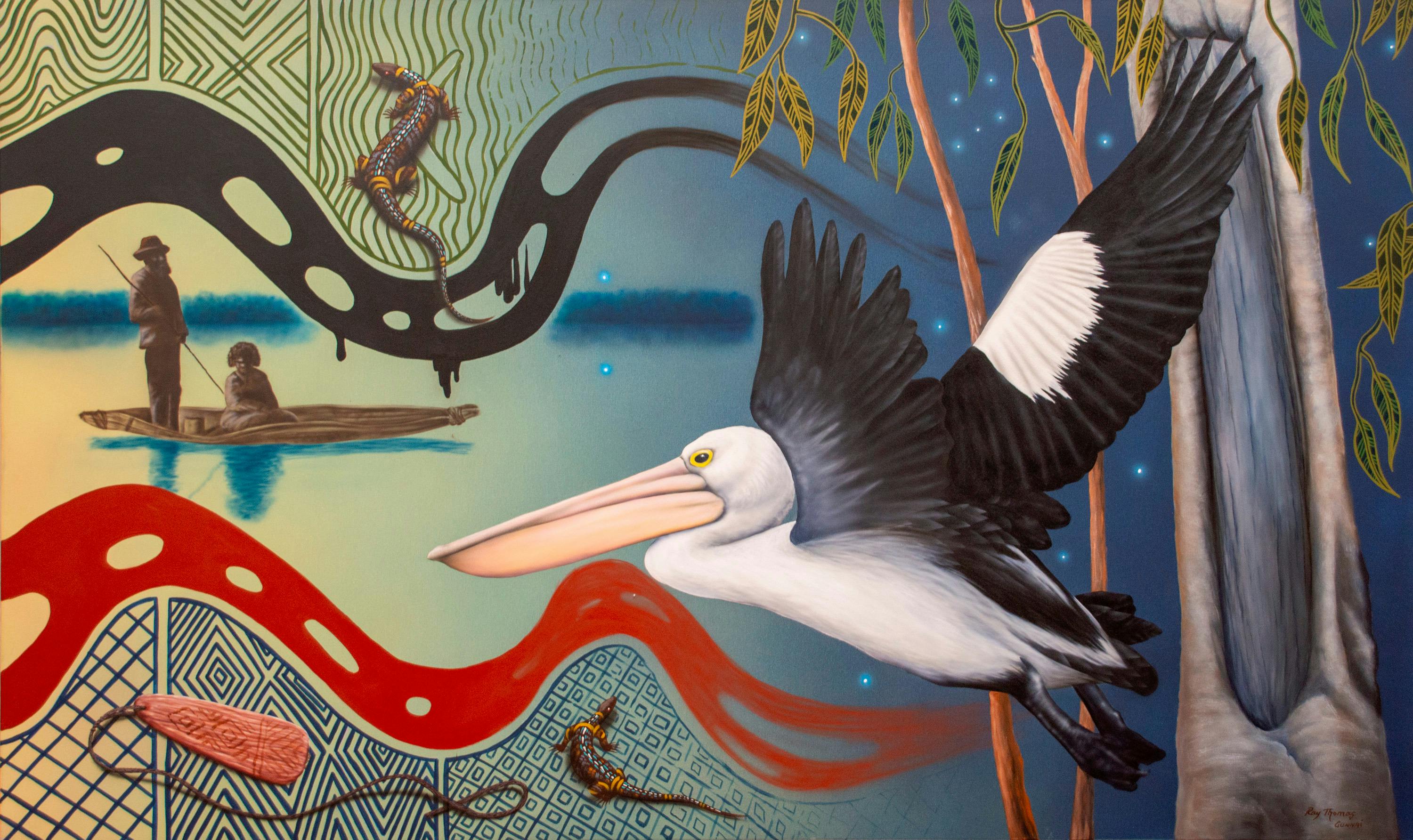 Ray Thomas,  Borun's Country. The Origin of the Gunnai of Gippsland Acrylic on canvas.