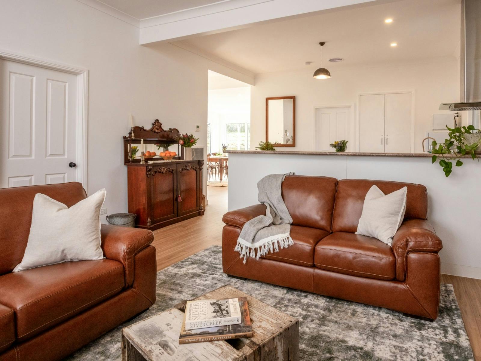 An open plan, homely country lounge room.