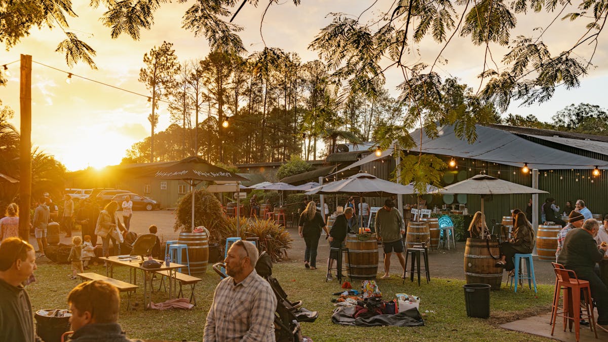 Visitors enjoying drinks outdoors at Mt Uncle Distillery at sunset