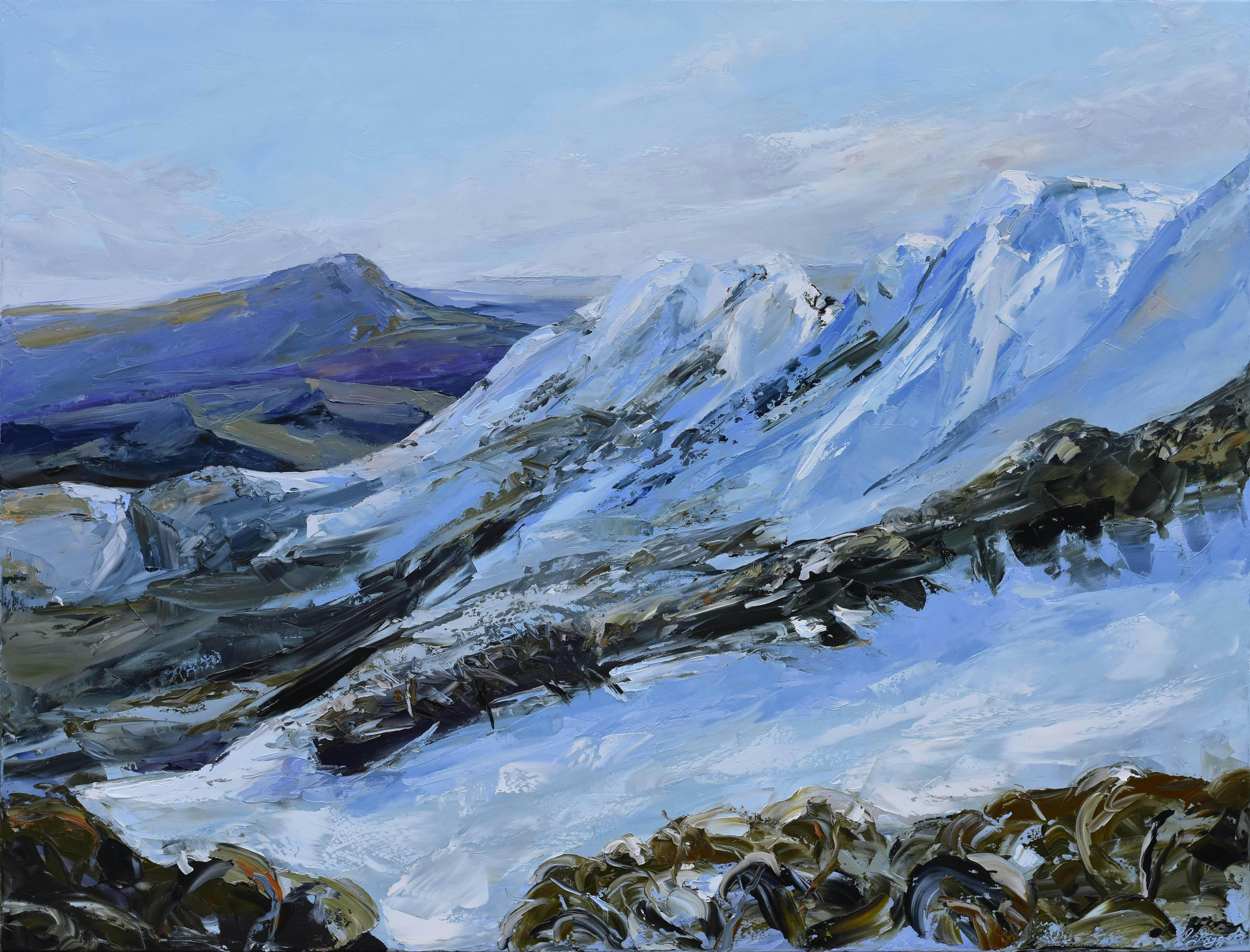 oil painting of snowy mountains
